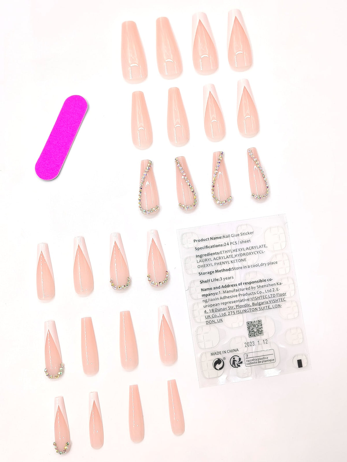 Transform Your Nails with 24pcs Long Coffin White French 3D Rhinestone Decor Fake Nail 1pc Nail File 1sheet Tape