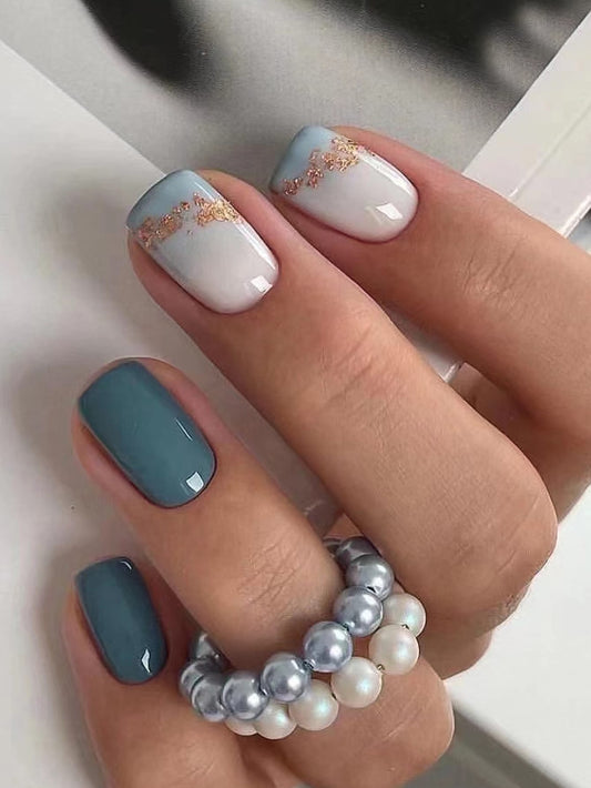 Transform Your Nails with 24pcs Short Square Turquoise Ombre Glitter Marble Print Fake Nail & 1sheet Tape & 1pc Nail File