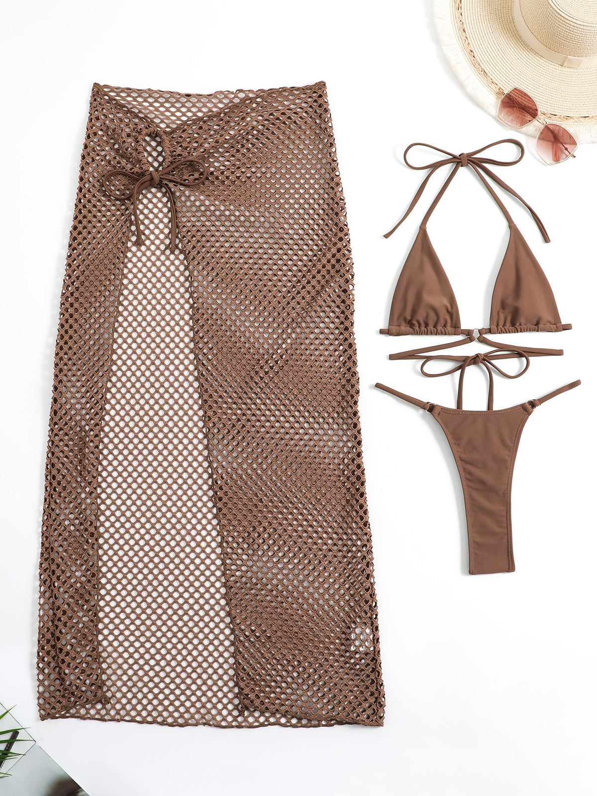 Swim SXY Plain Halter Triangle Bikini Swimsuit With Beach Skirt