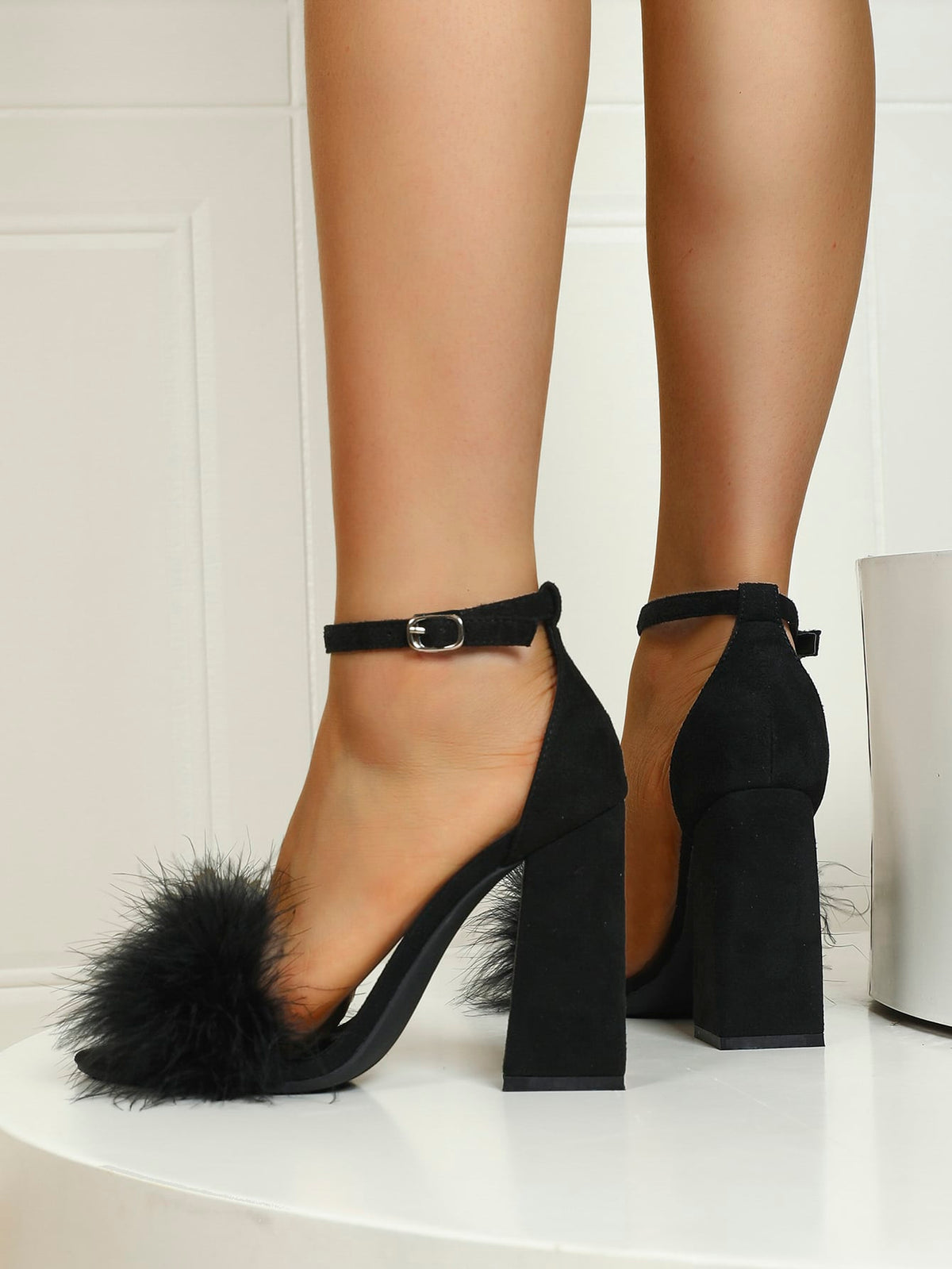 Women Black Fluffy Chunky Heeled Ankle Strap Sandals
