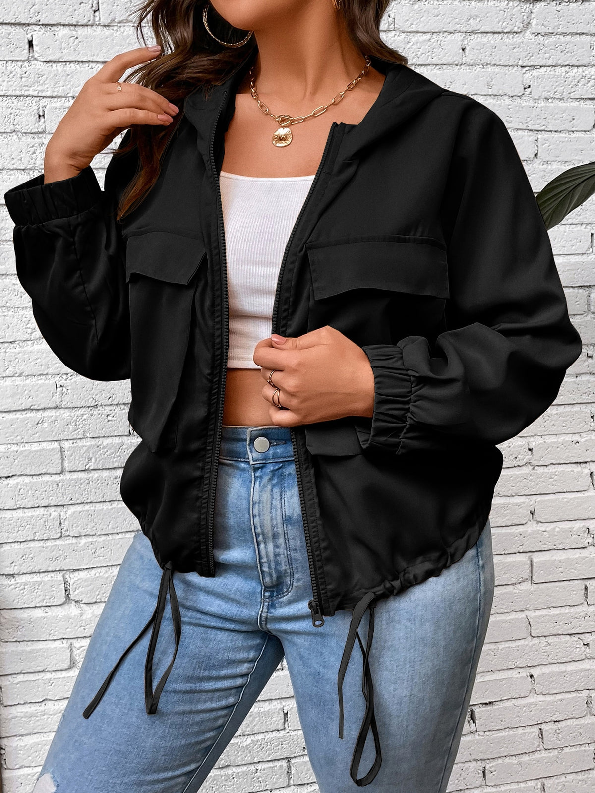 LUNE Plus Flap Pocket Drawstring Hem Hooded Jacket