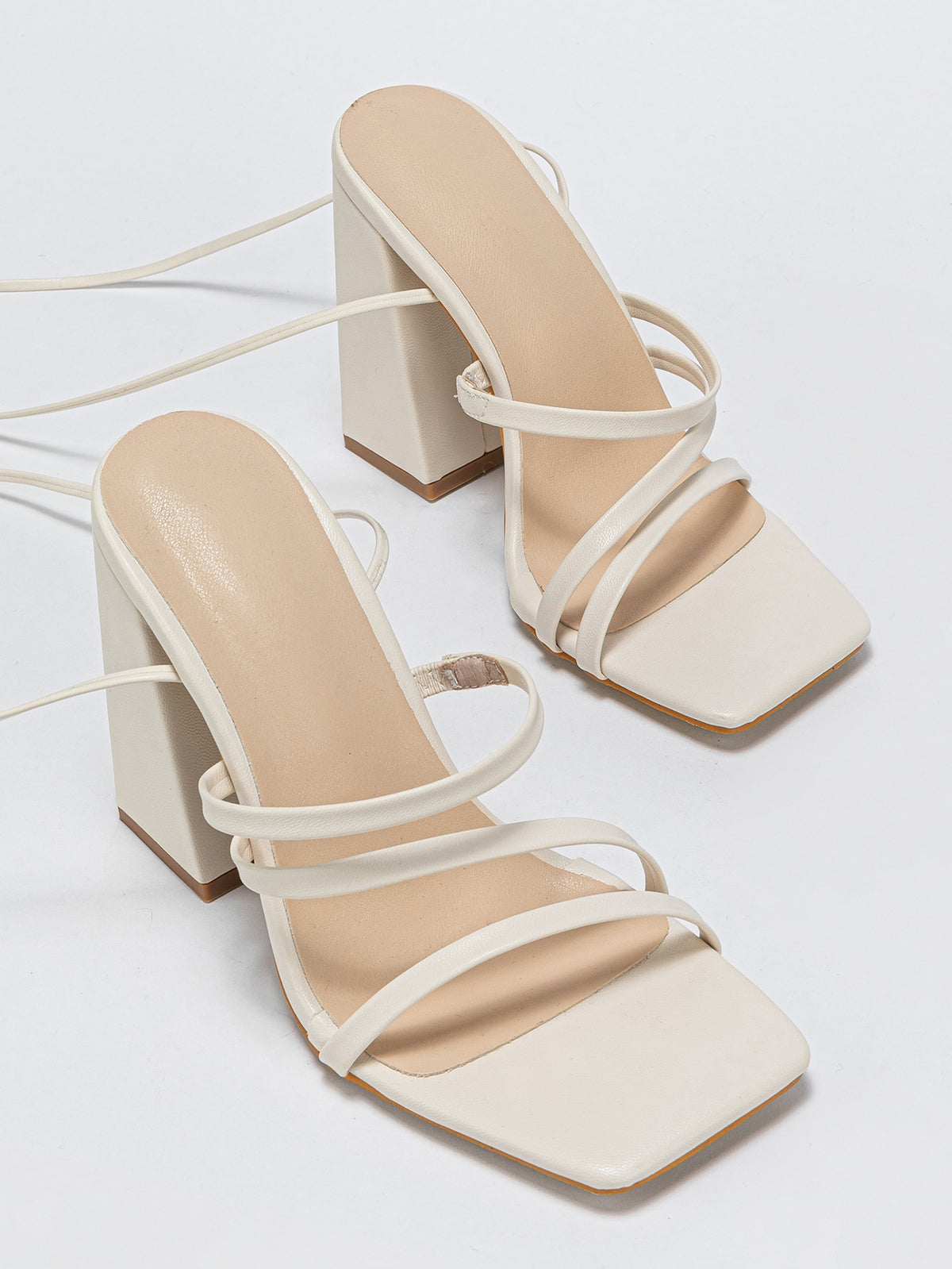 Fashion Beige Strappy Sandals For Women, Tie Leg Design Chunky Heeled Sandals
