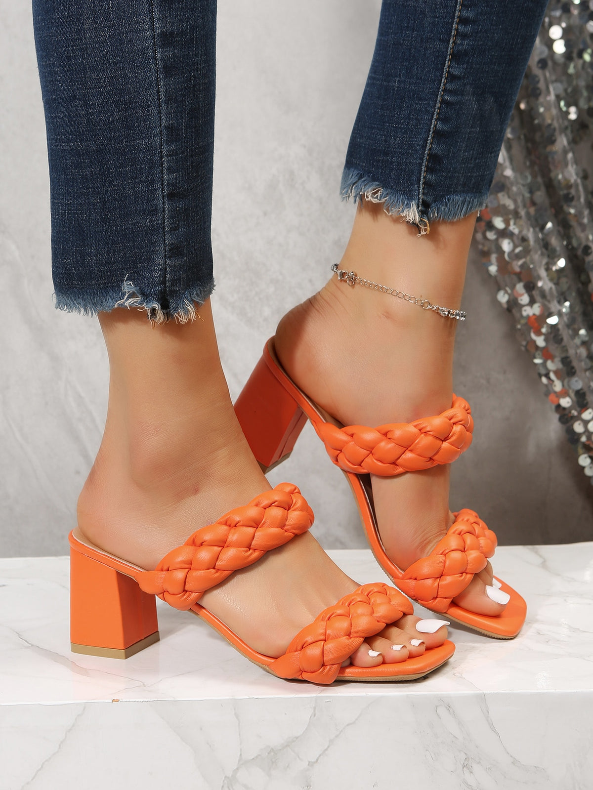 Vacation Apricot Sandals For Women, Braided Detail Chunky Heeled Mule Sandals