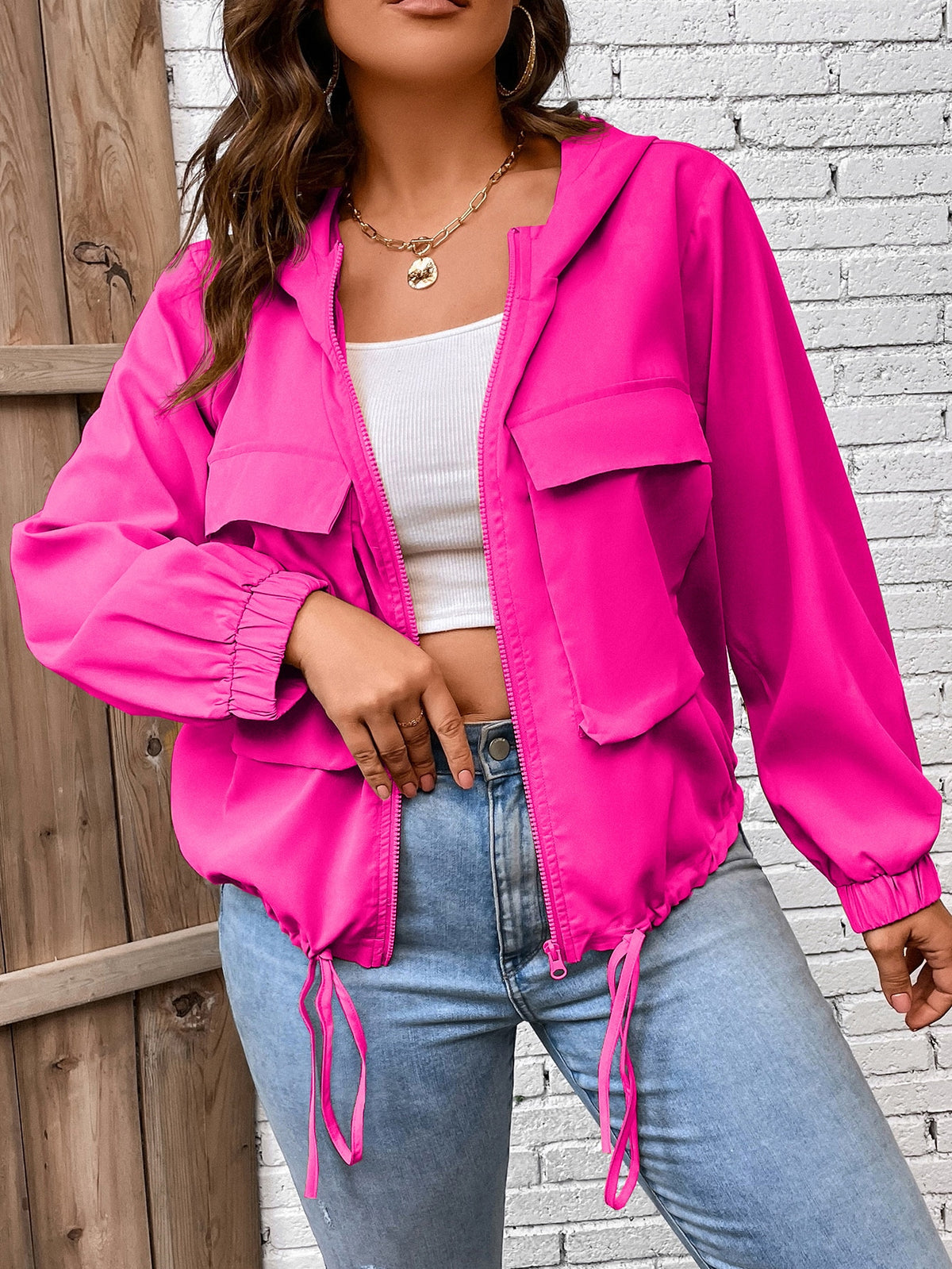 LUNE Plus Flap Pocket Drawstring Hem Hooded Jacket