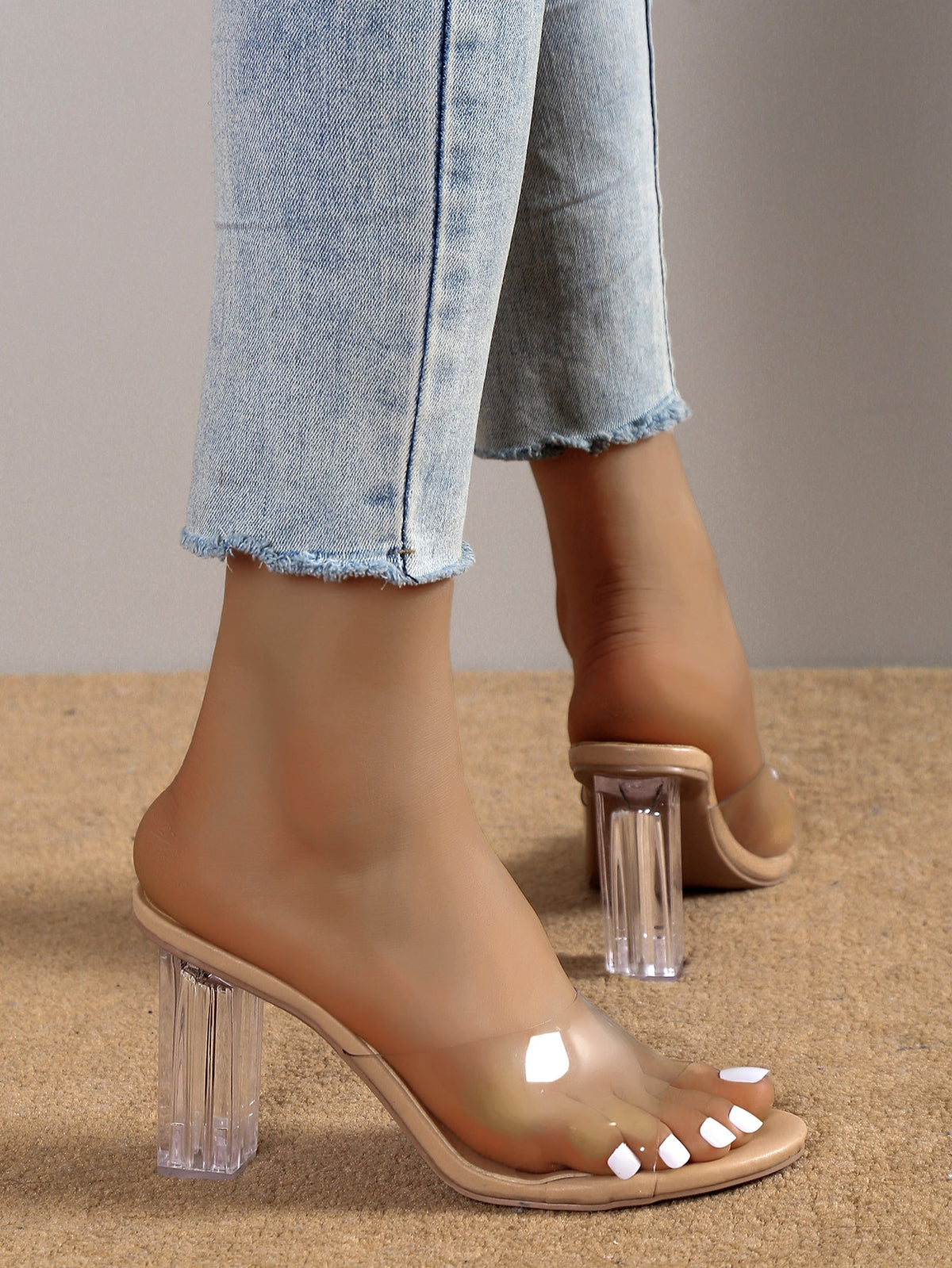 Women Clear Strap Chunky Heeled Mule Sandals, Fashion Summer Heeled Sandals