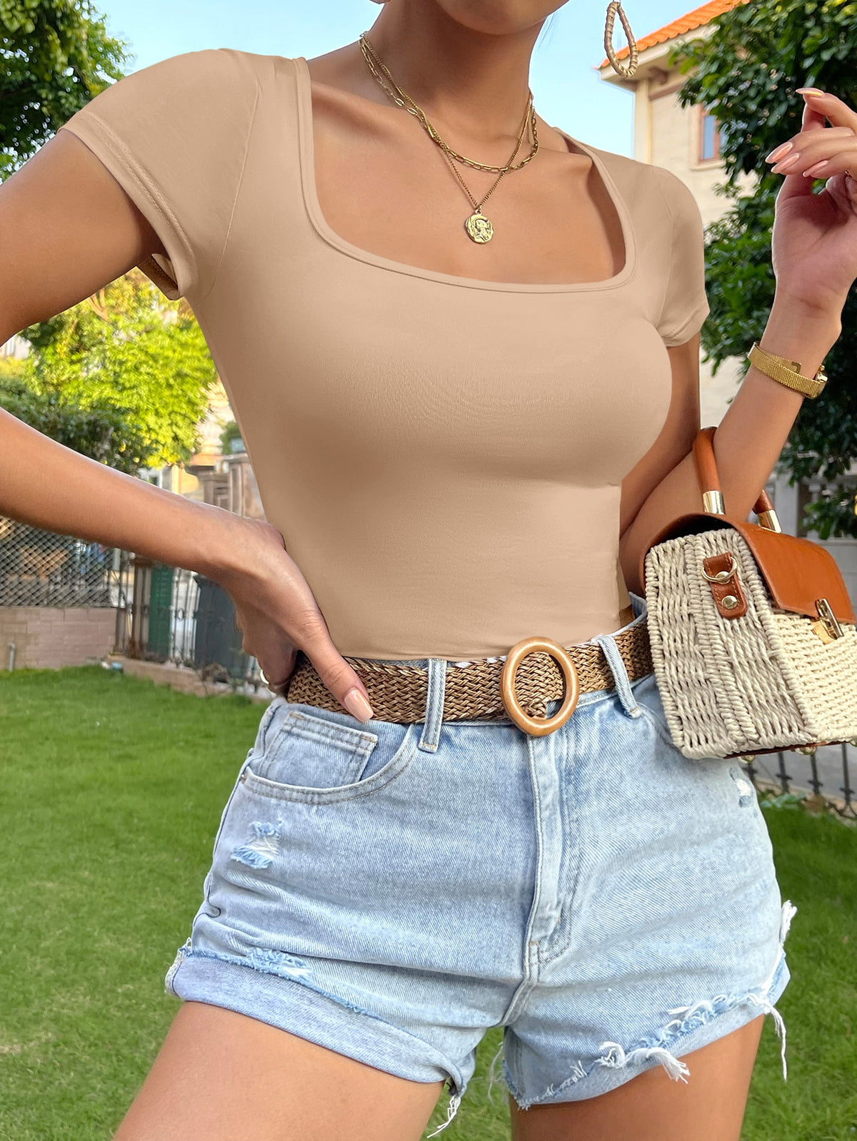 Essnce Solid Square Neck Tee