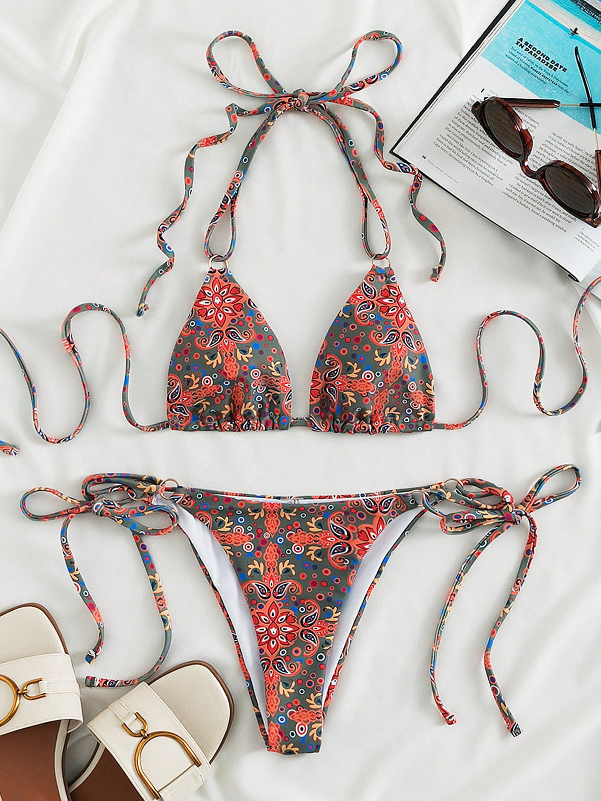 Swim Vcay Allover Print Triangle Tie Side Bikini Swimsuit