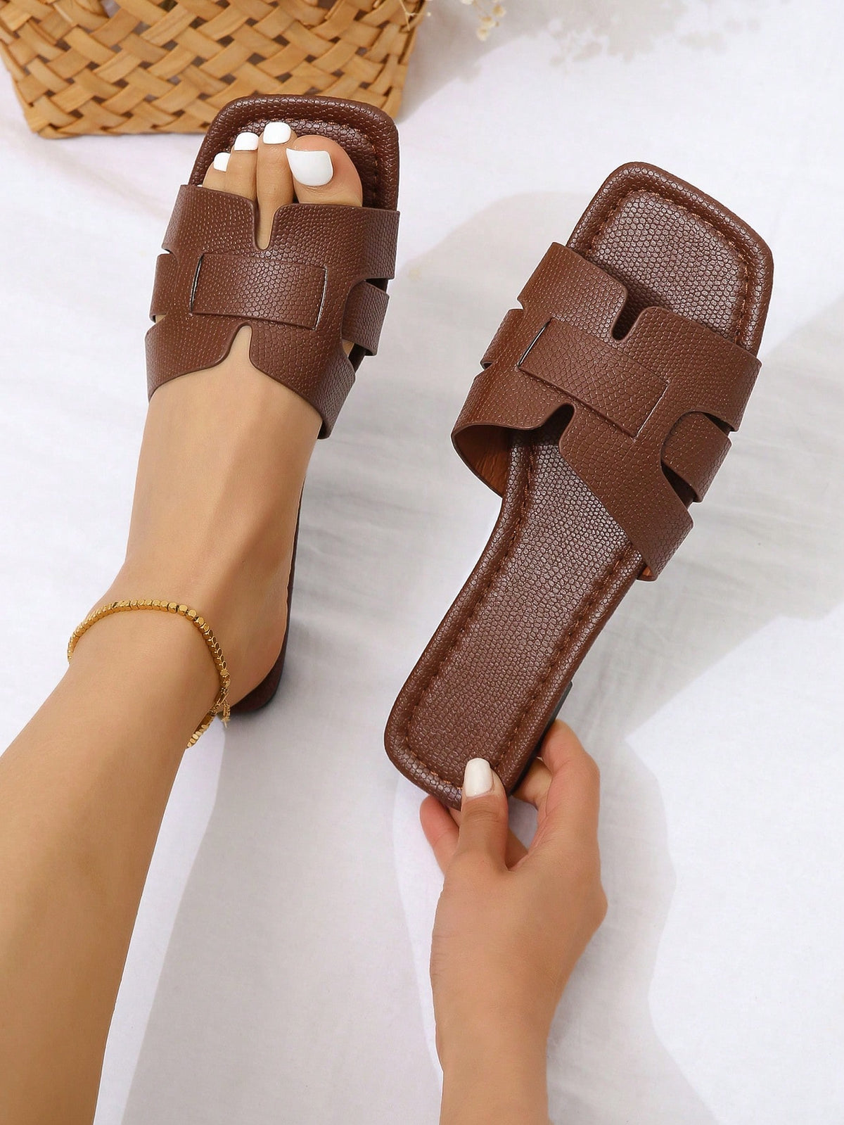 Elegant Black Sandals For Women, Snakeskin Embossed Slide Sandals