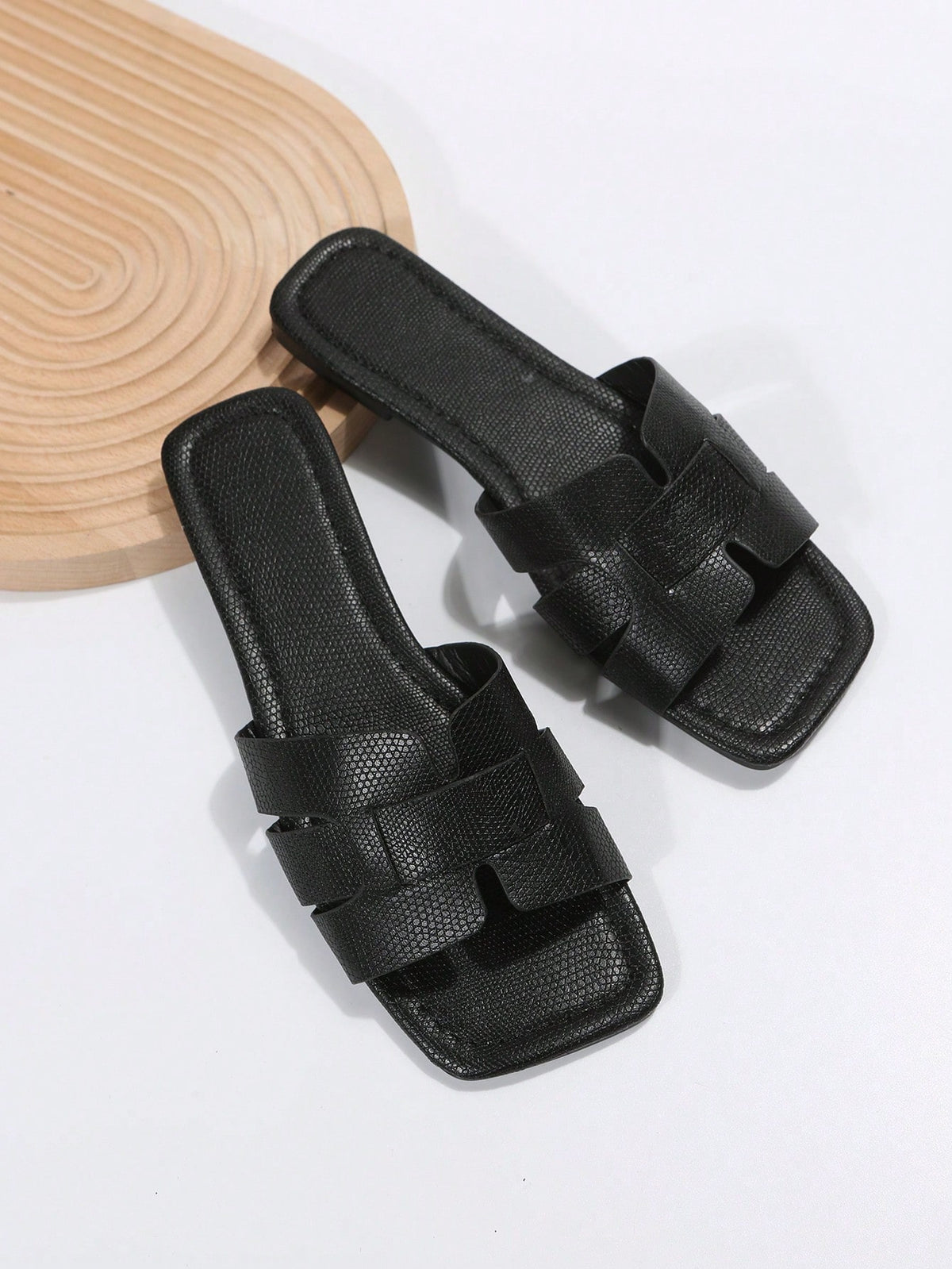 Elegant Black Sandals For Women, Snakeskin Embossed Slide Sandals