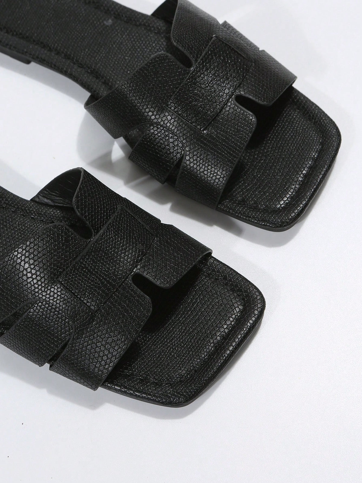 Elegant Black Sandals For Women, Snakeskin Embossed Slide Sandals