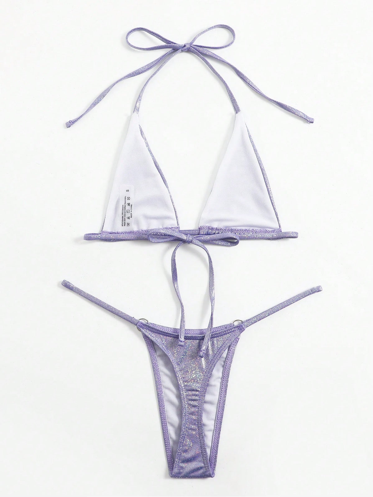 Swim SXY Metallic Bikini Set Micro Triangle Bra & O-ring Linked Thong 2 Piece Swimsuit