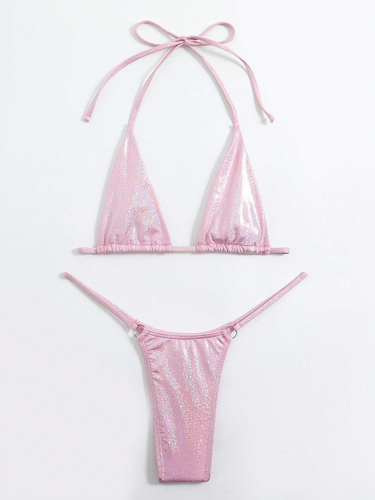 Swim SXY Metallic Bikini Set Micro Triangle Bra & O-ring Linked Thong 2 Piece Swimsuit