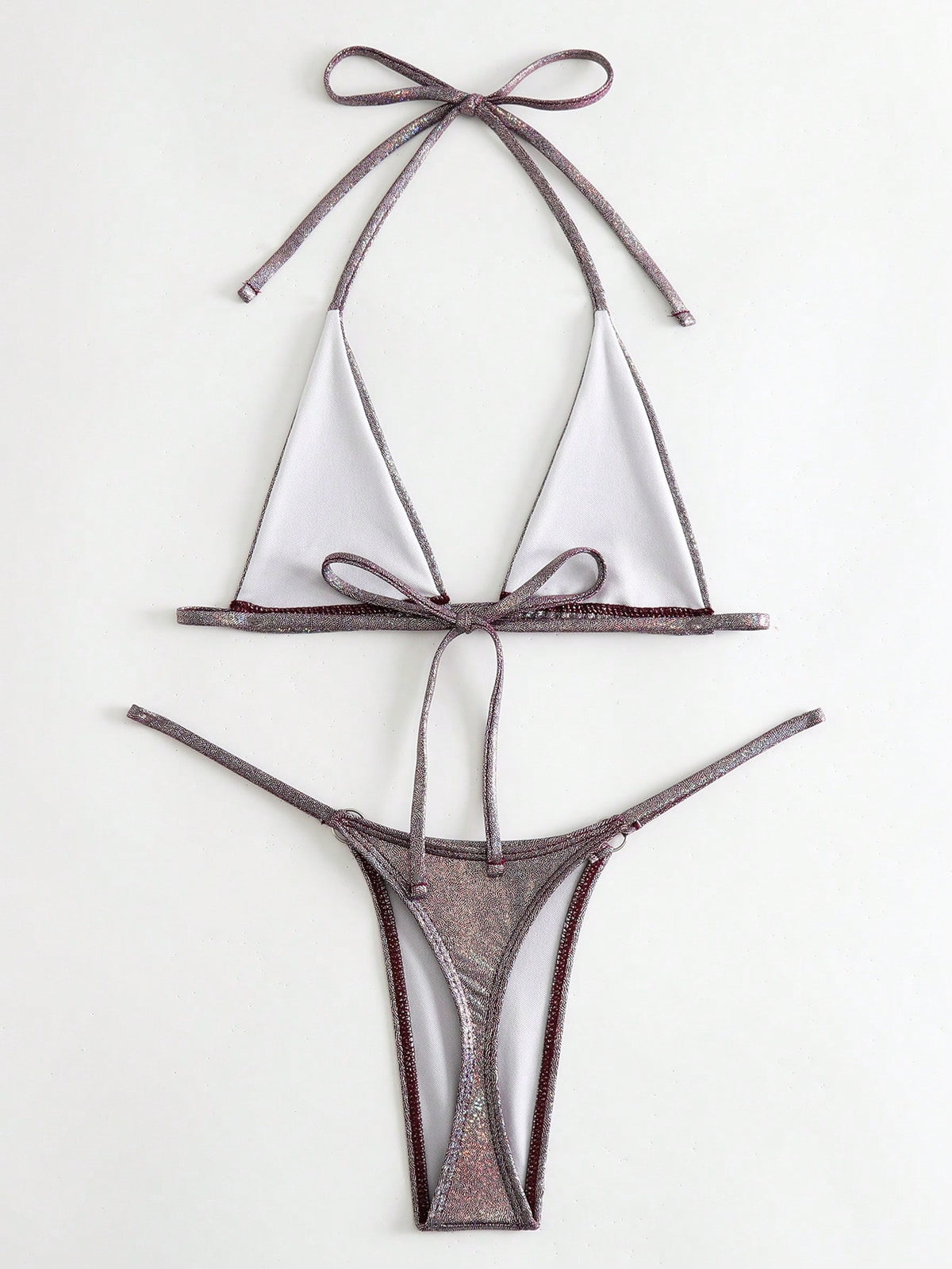 Swim SXY Metallic Bikini Set Micro Triangle Bra & O-ring Linked Thong 2 Piece Swimsuit