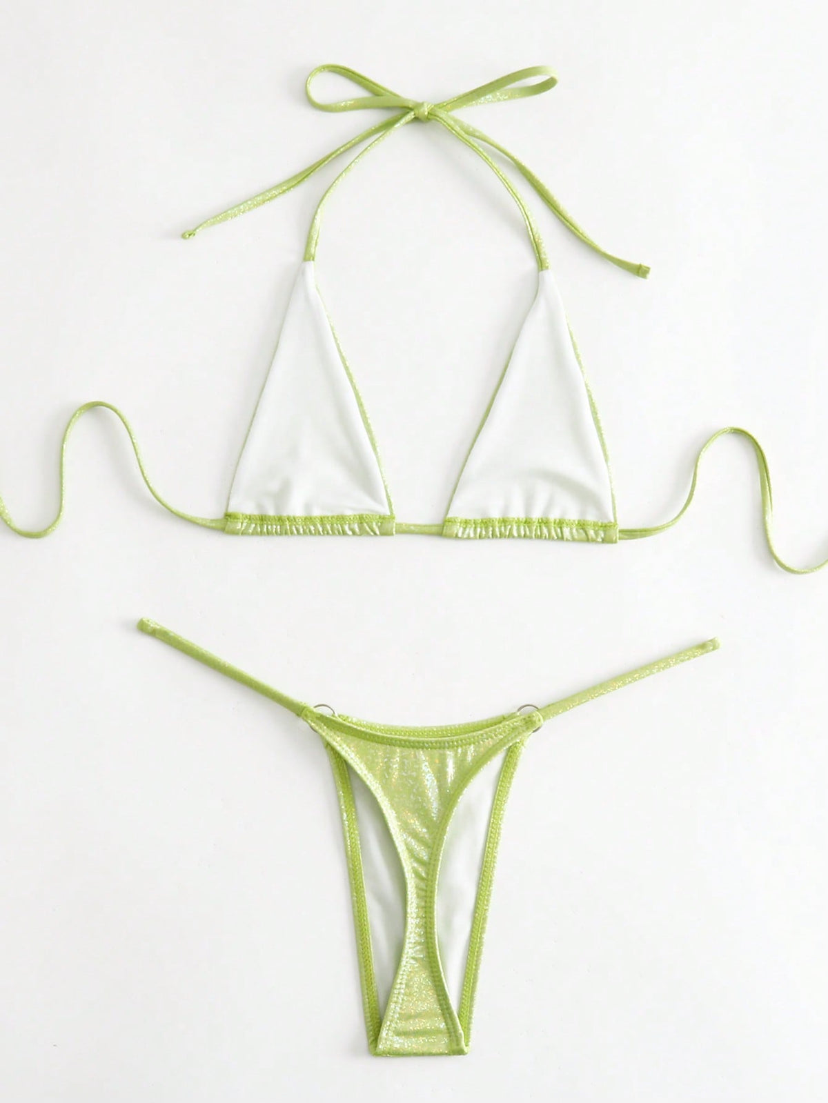 Swim SXY Metallic Bikini Set Micro Triangle Bra & O-ring Linked Thong 2 Piece Swimsuit