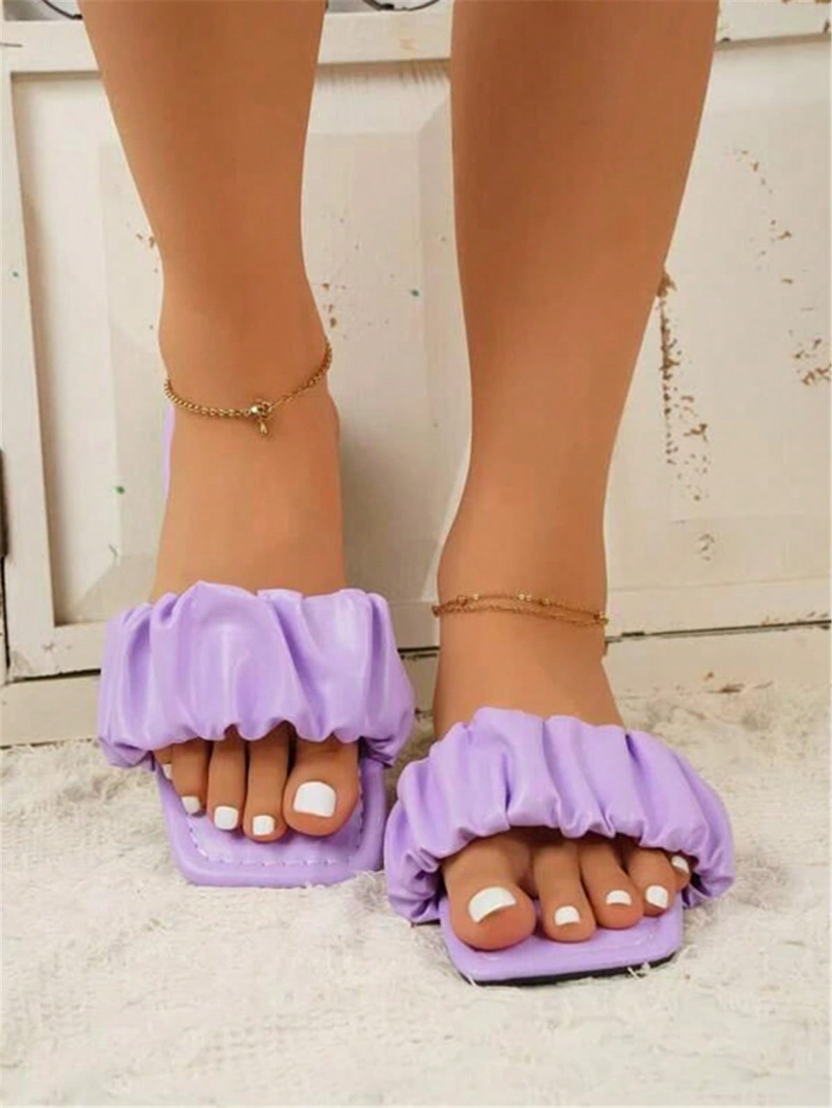Women Minimalist Ruched Detail Slide Sandals, Elegant Summer Flat Sandals