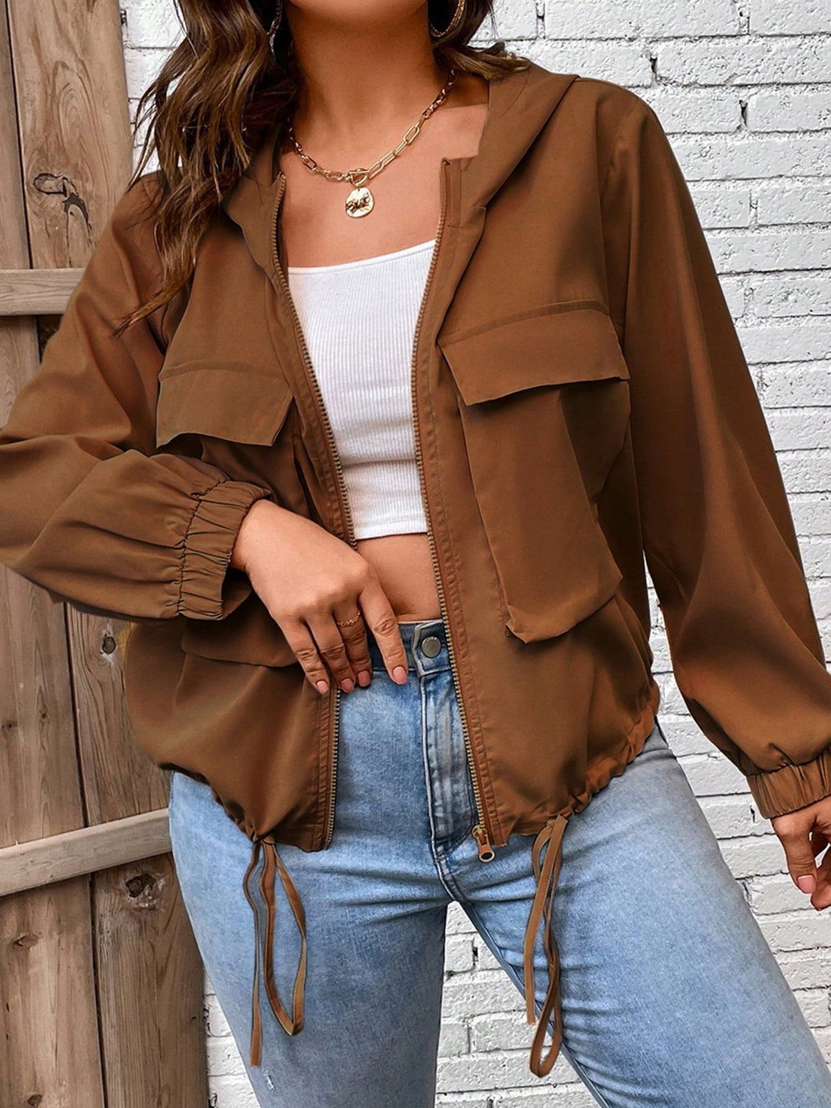 LUNE Plus Flap Pocket Drawstring Hem Hooded Jacket