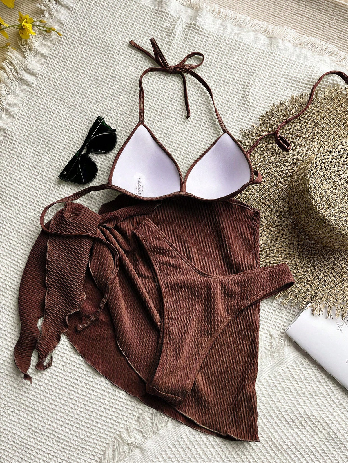 Swim Basics Textured Bikini Set Push Up Bra & Bikini Bottom & Cover Up 3 Piece Swimsuit