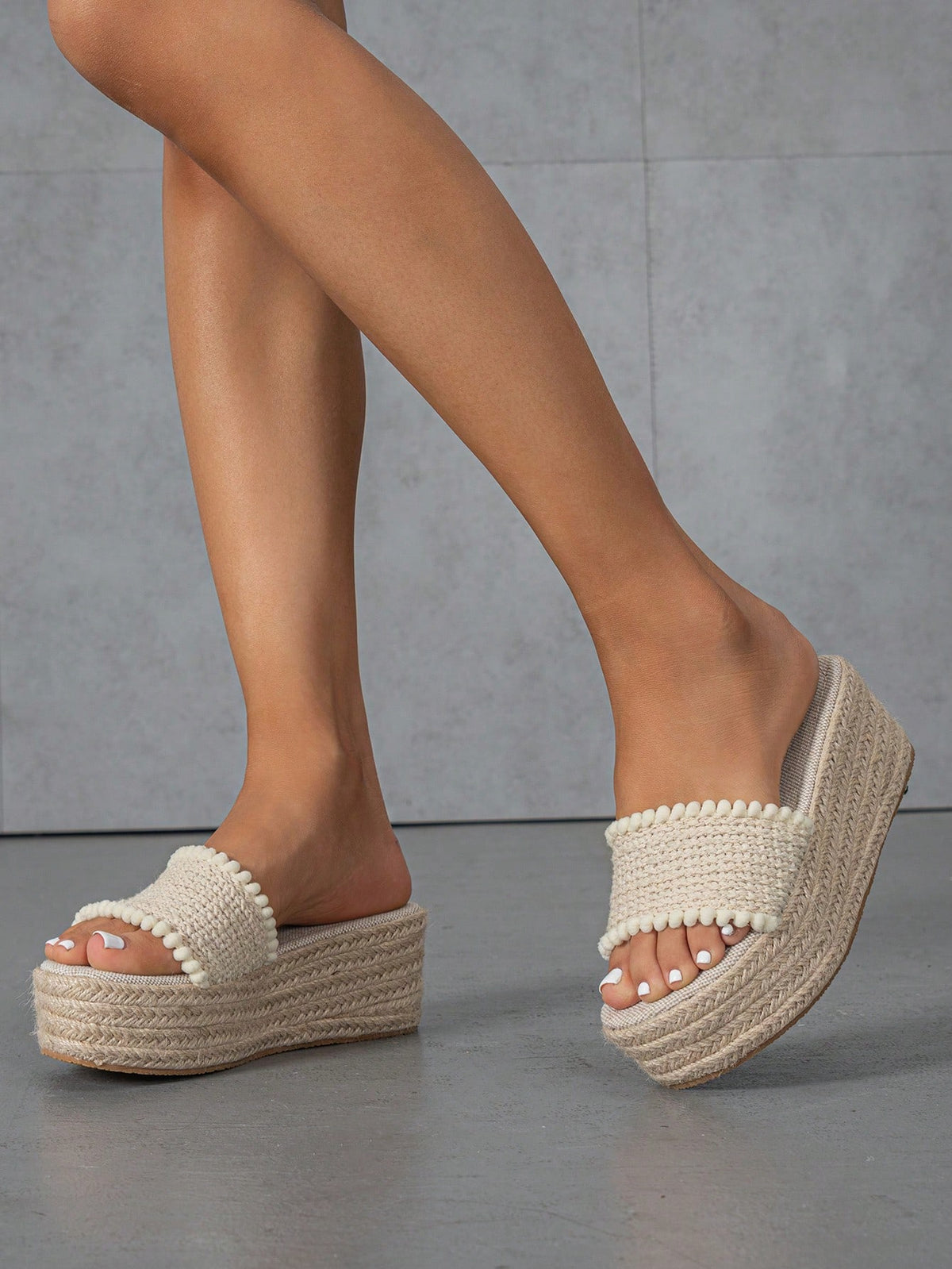 Women Pom Pom Trim Sandals, Vacation Summer Wedge Slide Sandals