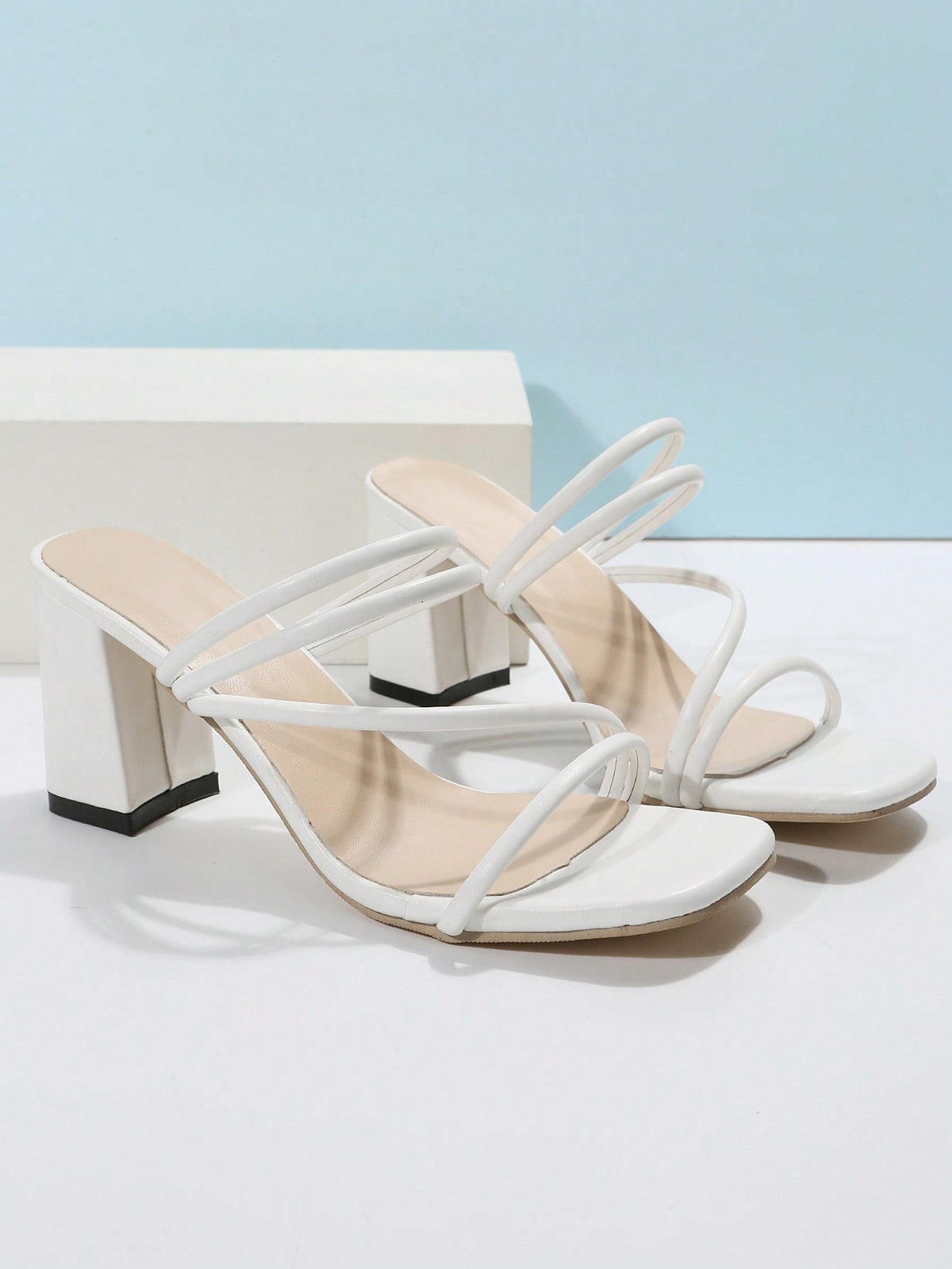 Women Thin Strap Chunky Heeled Mule Sandals, Elegant Summer Heeled Sandals