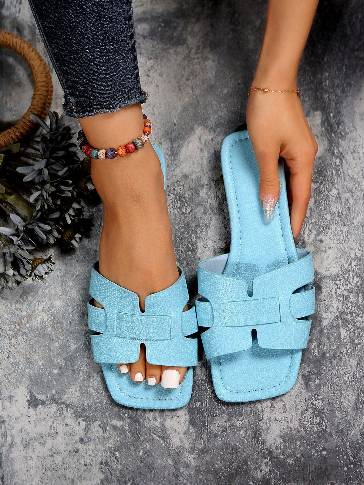 Elegant Black Sandals For Women, Snakeskin Embossed Slide Sandals