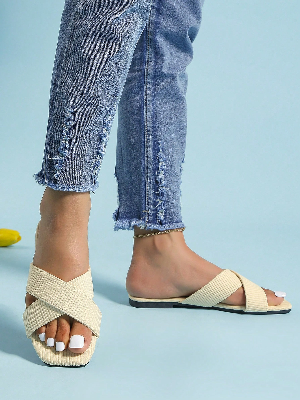 Elegant Beige Sandals For Women, Minimalist Single Band Slide Sandals