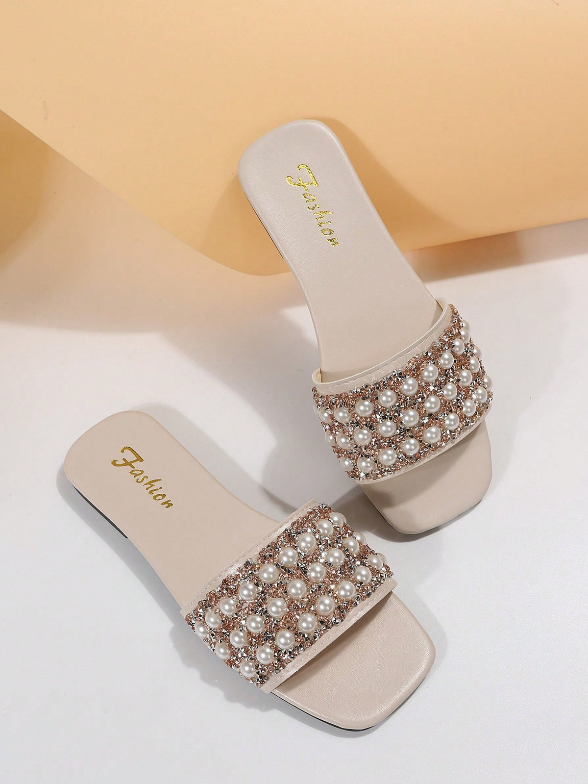Women Rhinestone & Faux Pearl Decor Slide Sandals, Glamorous Sandals