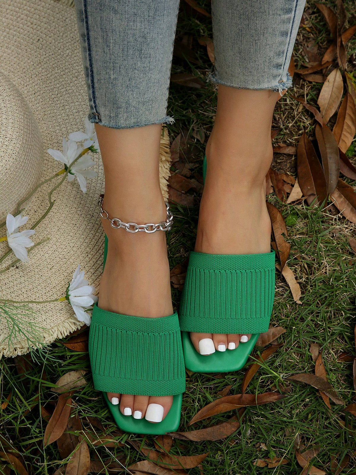 Elegant Slide Sandals For Women, Knit Detail Single Band Flat Sandals