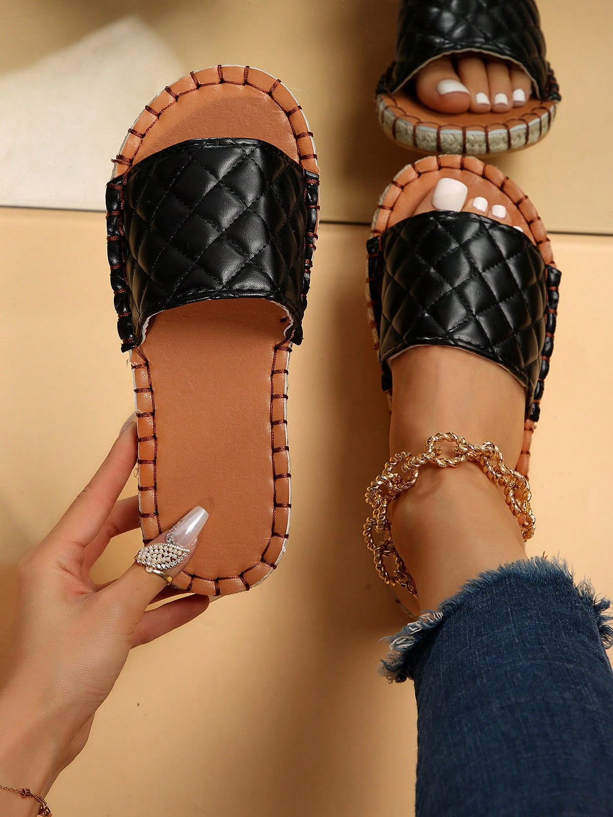Women Quilted Pattern Espadrille Slide Sandals, Vacation Summer Flat Sandals