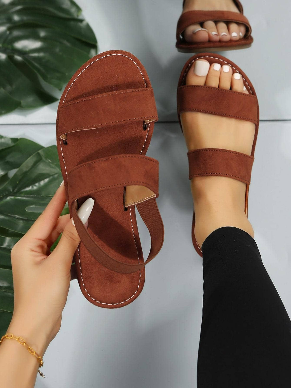Women Double Strap Flat Sandals, Elegant Black Fabric Slingback Sandals