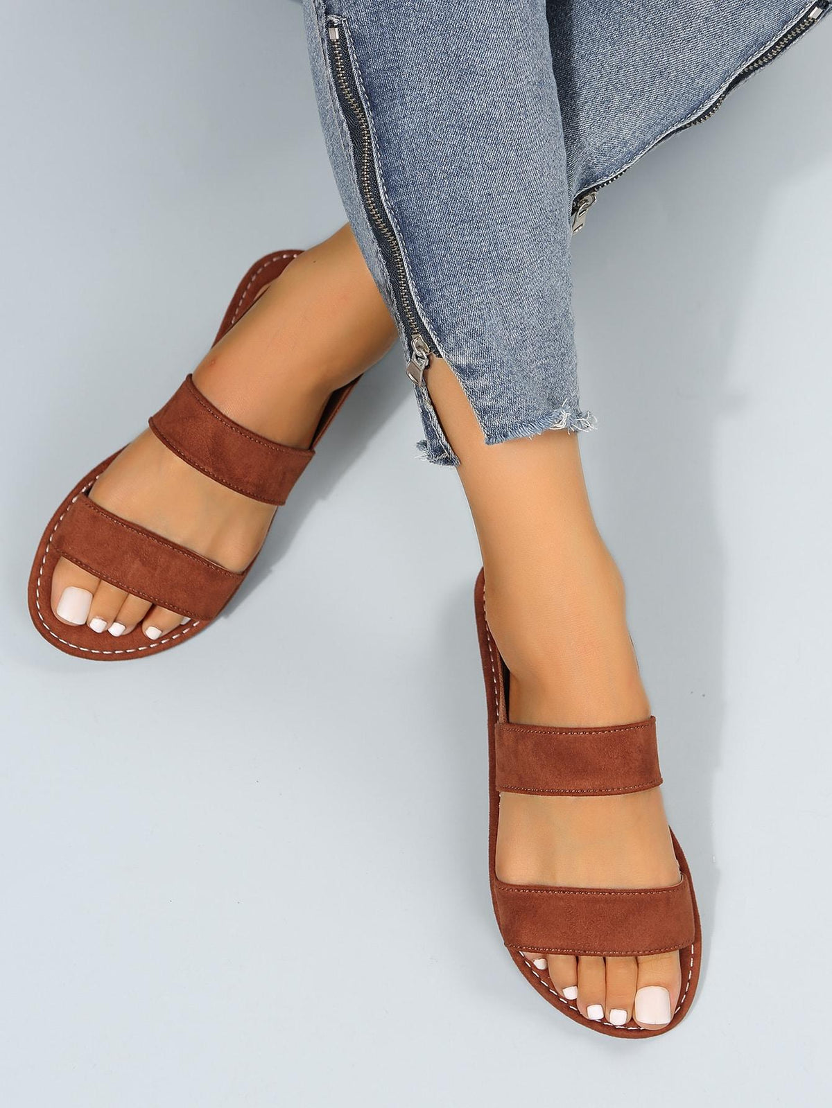 Women Double Strap Flat Sandals, Elegant Black Fabric Slingback Sandals