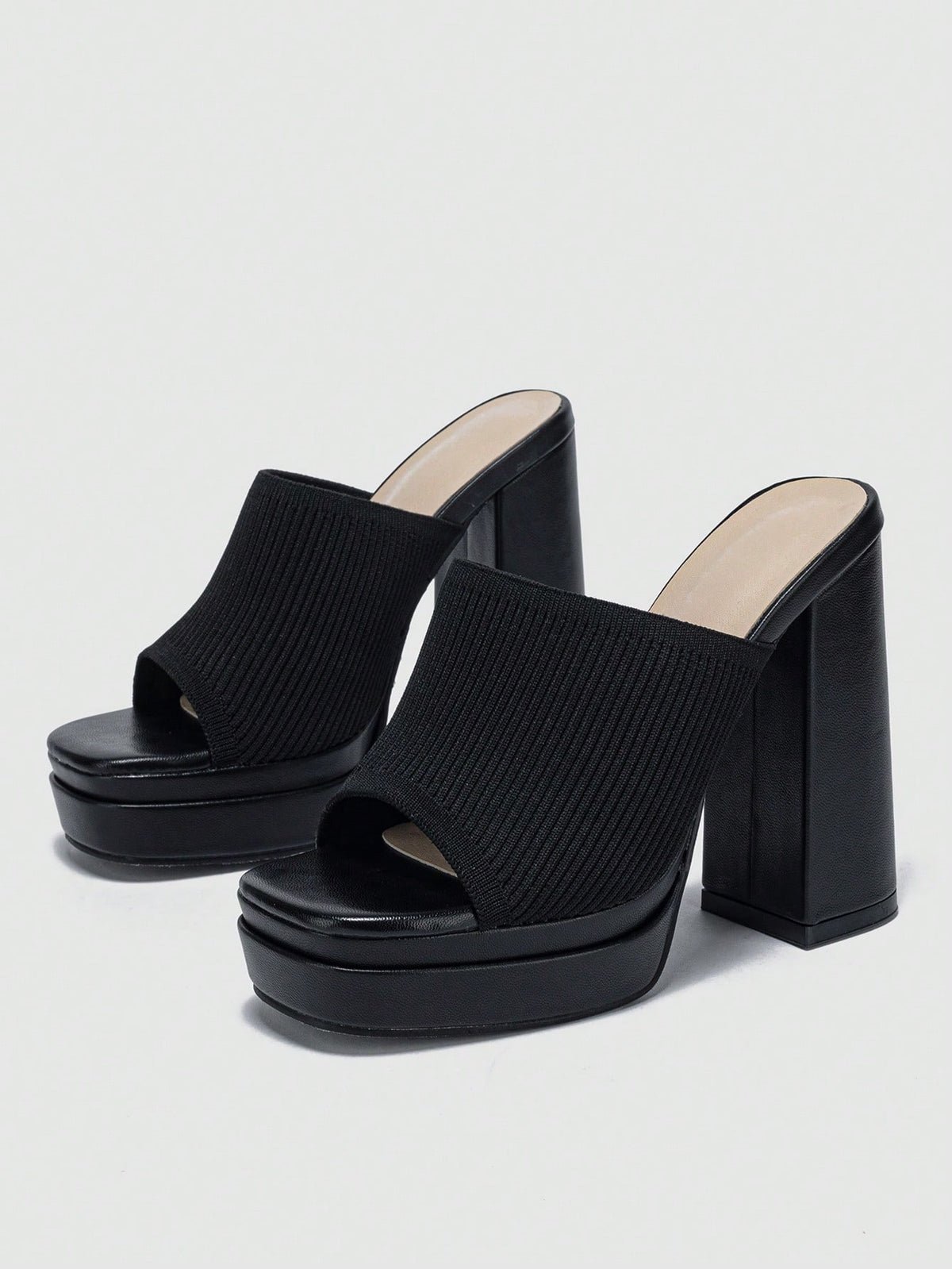 Women Minimalist Platform Chunky Heeled Mule Sandals, Elegant Summer Black Solid Heeled Sandals
