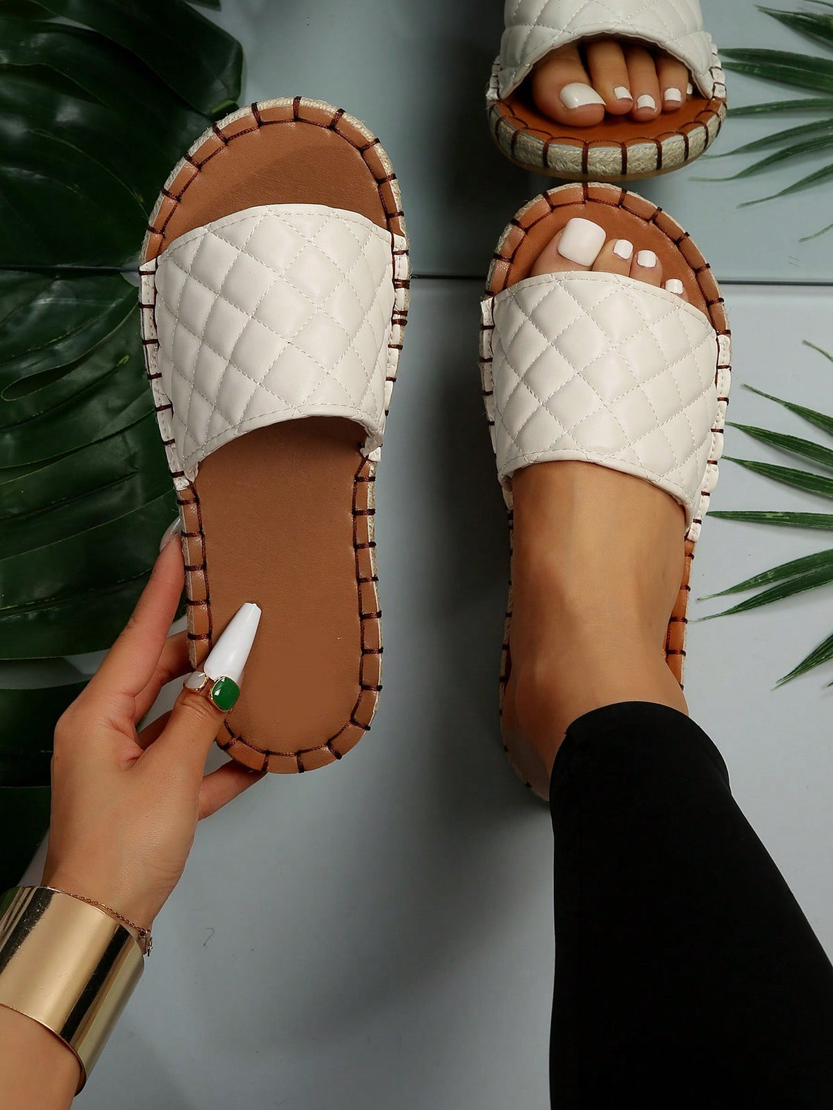 Women Quilted Pattern Espadrille Slide Sandals, Vacation Summer Flat Sandals