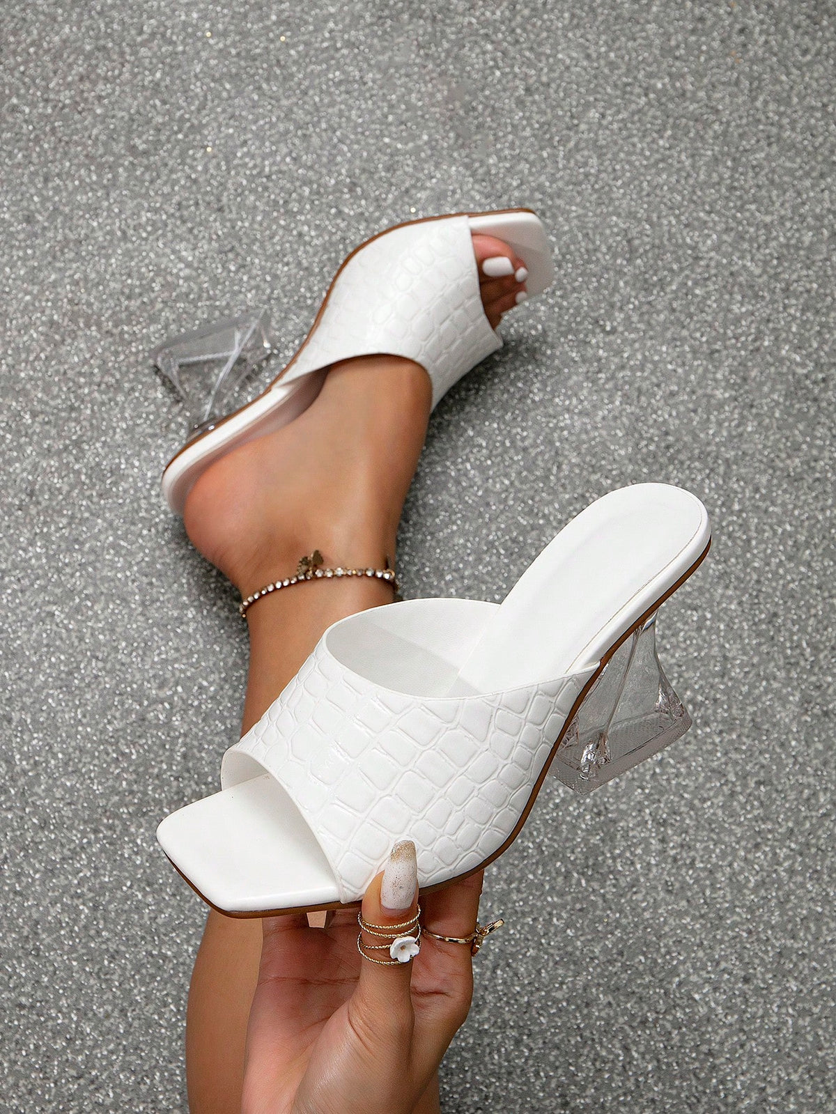 Women Crocodile Embossed Sculptural Heeled Mule Sandals, Elegant Outdoor Heeled Sandals