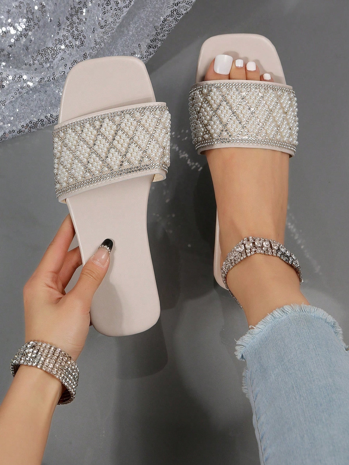 Women Rhinestone & Faux Pearl Decor Slide Sandals, Glamorous Sandals