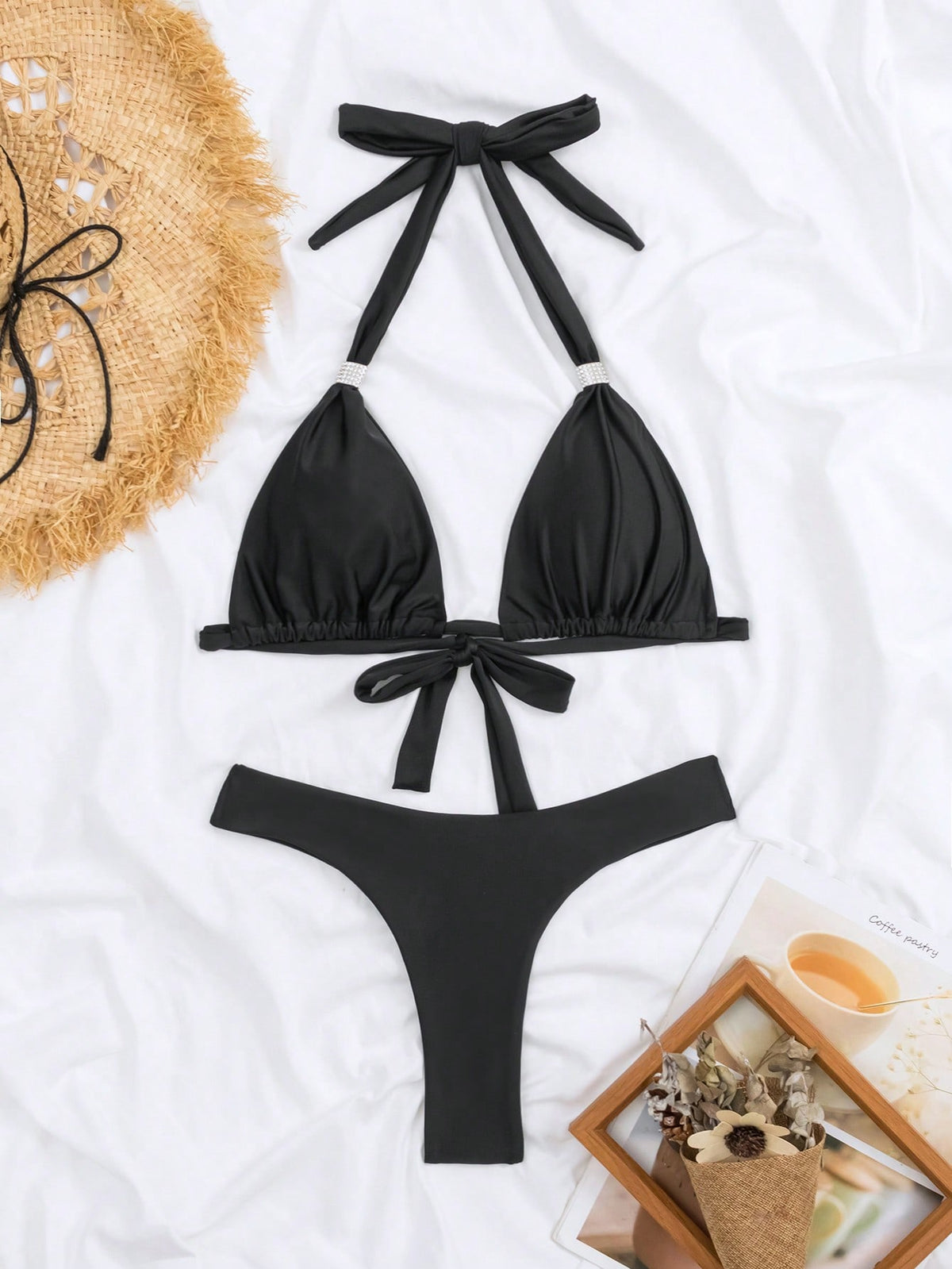 Ring Linked Halter Triangle Bikini Swimsuit