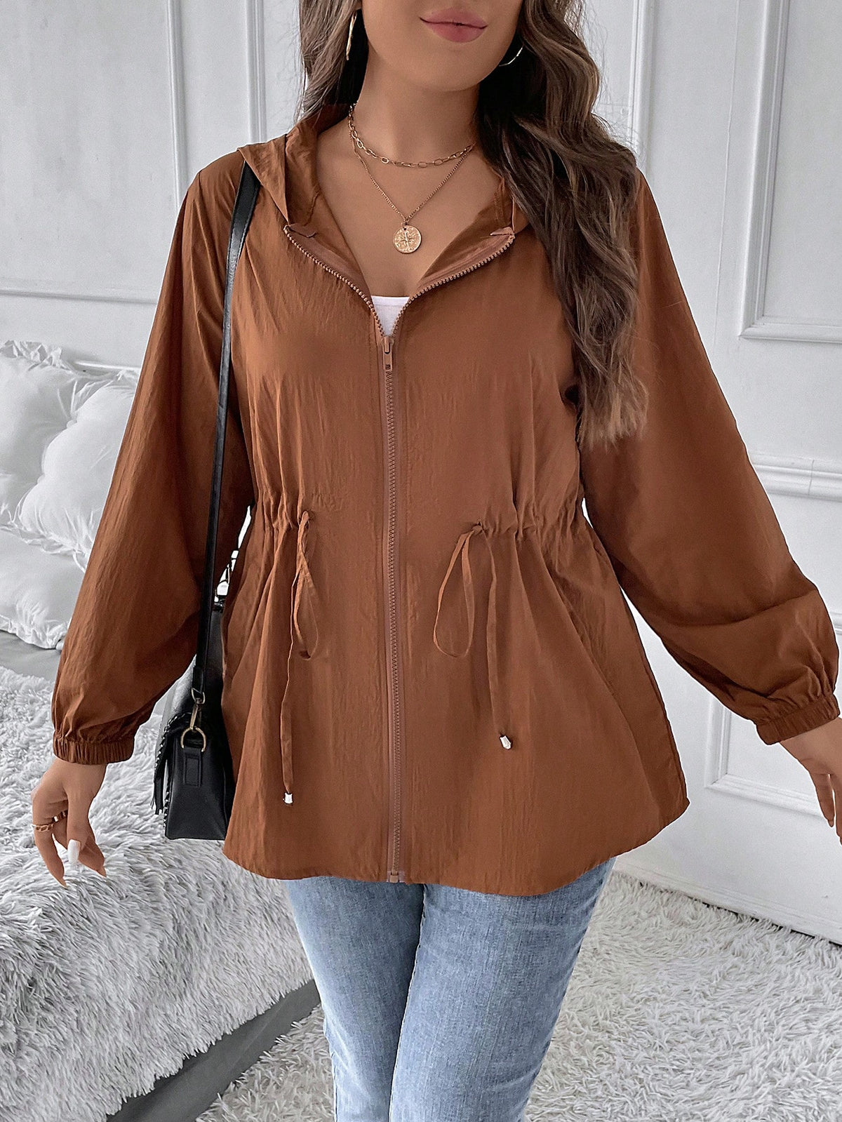 LUNE Plus Drawstring Waist Zip Up Hooded Coat