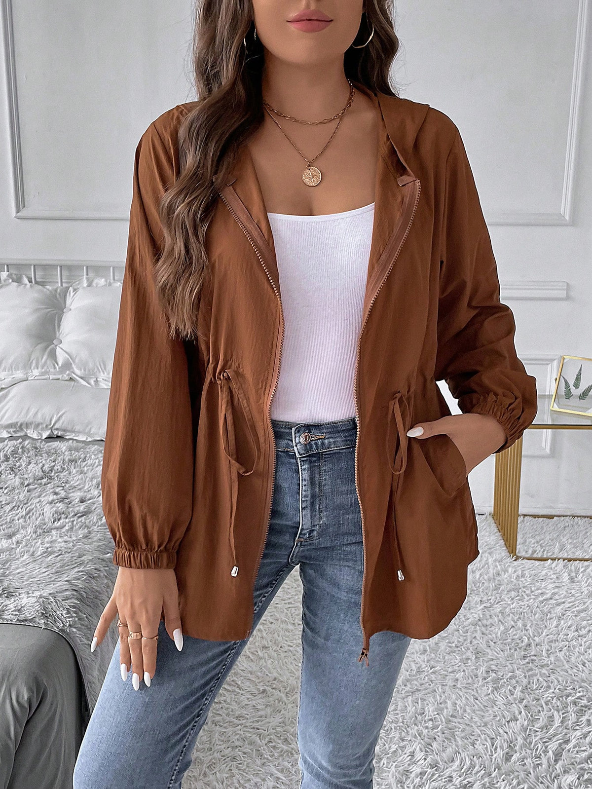 LUNE Plus Drawstring Waist Zip Up Hooded Coat