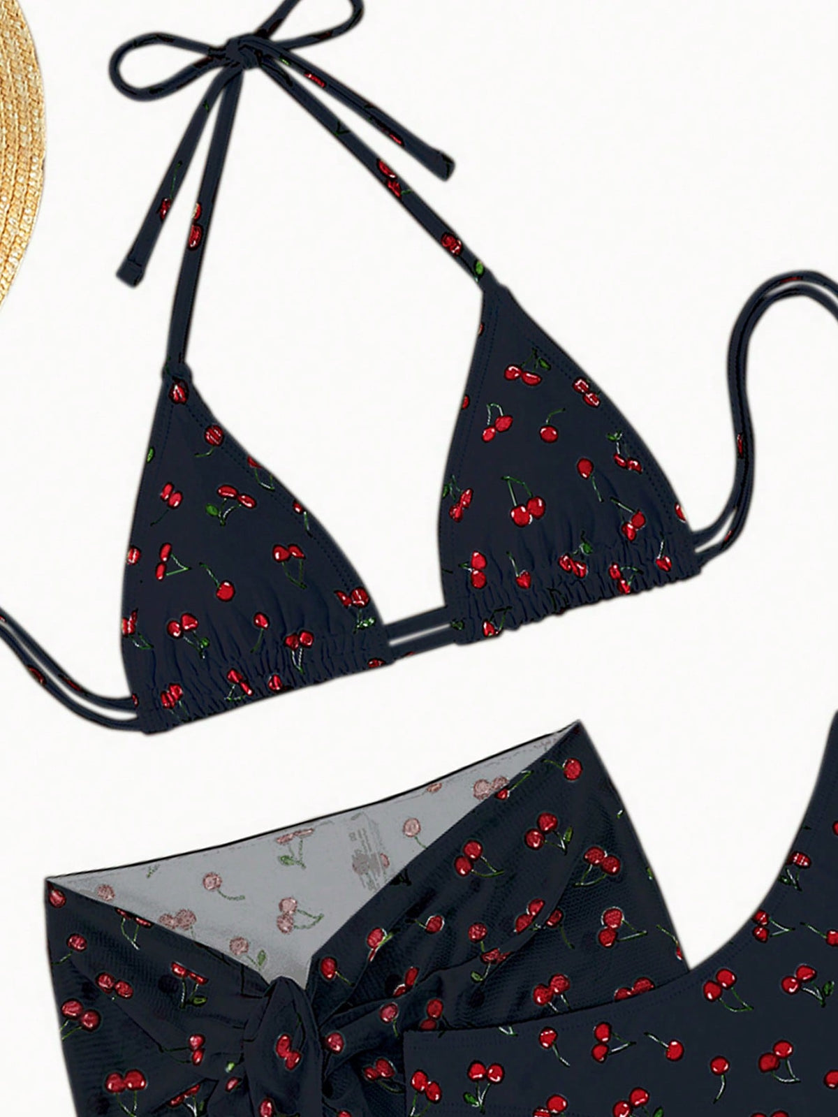 Cherry Print Halter Triangle Bikini Swimsuit With Beach Skirt