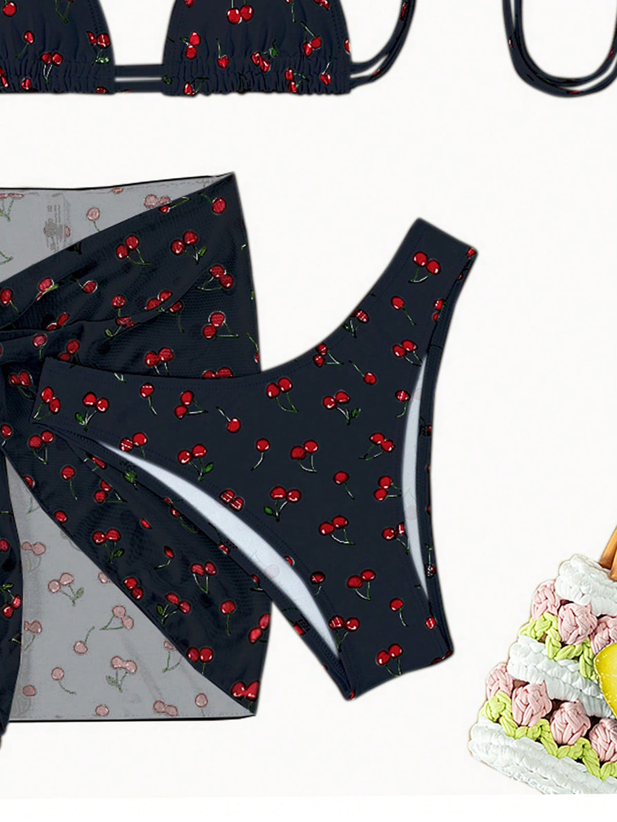 Cherry Print Halter Triangle Bikini Swimsuit With Beach Skirt