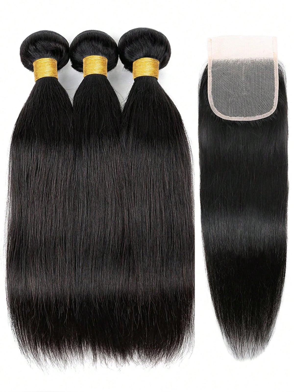 4pcs 4 X 4 Lace Closure Straight Human Hair Bundles With Closure Virgin Hair Extension Closure And 3 Bundles Real Double Weft Hair Weave Cheap Hair Daily Use Natural Black Color