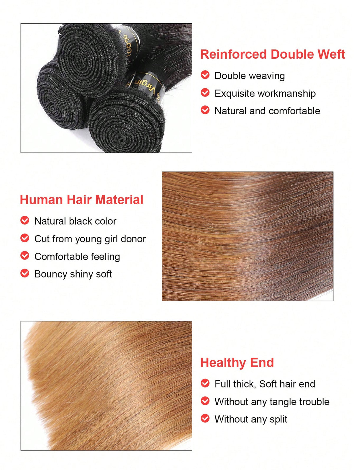 3pcs Highlight Straight Bundles 1B/4/30 Color Human Hair Weave Bundles Real Hair Ombre Bundles Long Length Hair Extension Ombre Color