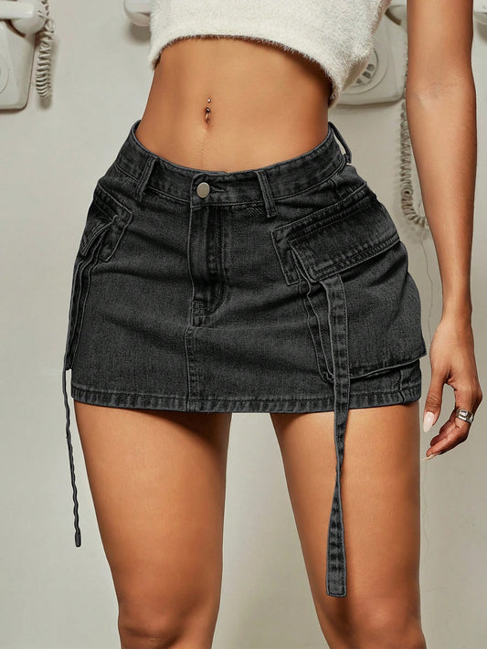 Flap Pocket Denim Skirt