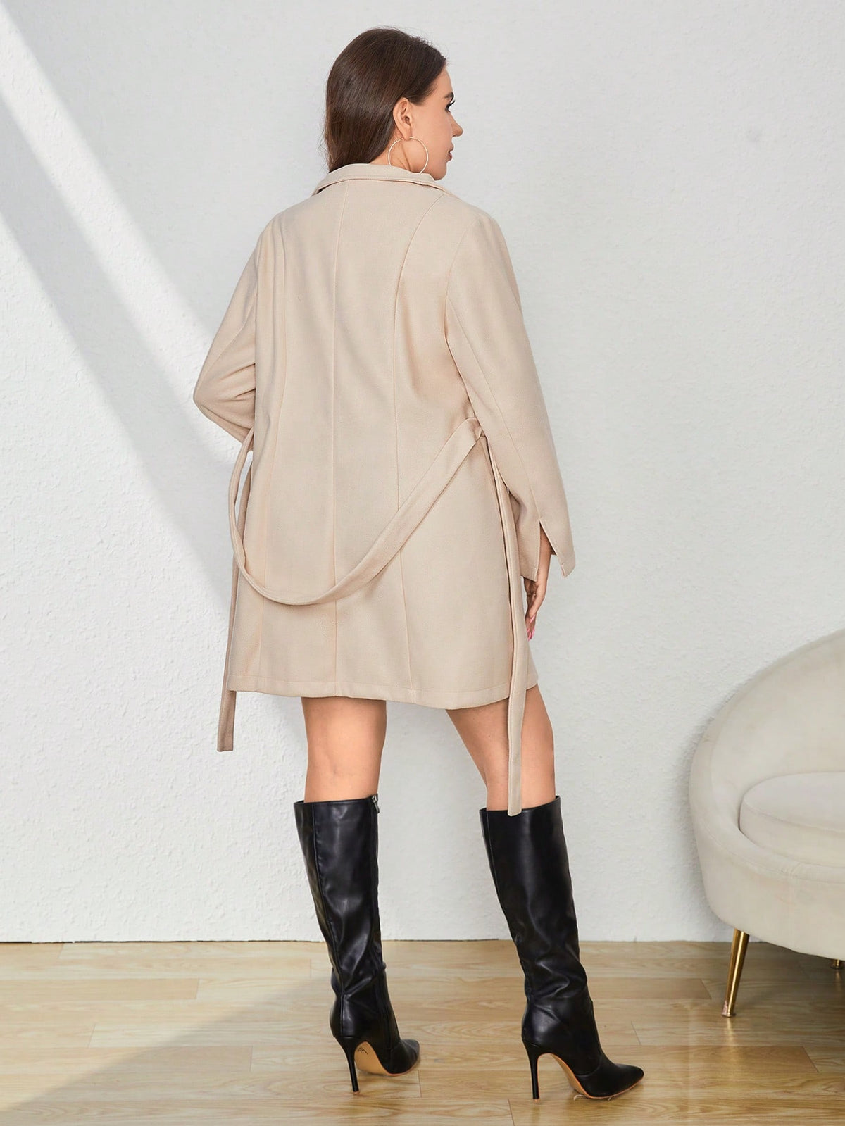 Essnce Plus Solid Single Breasted Belted Overcoat