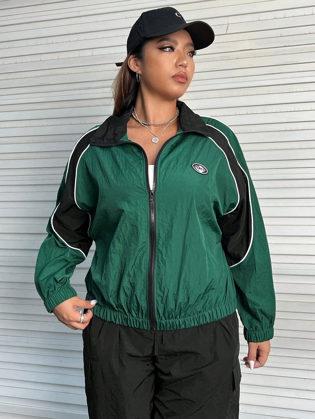 EZwear Plus Colorblock Letter Patched Contrast Piping Jacket
