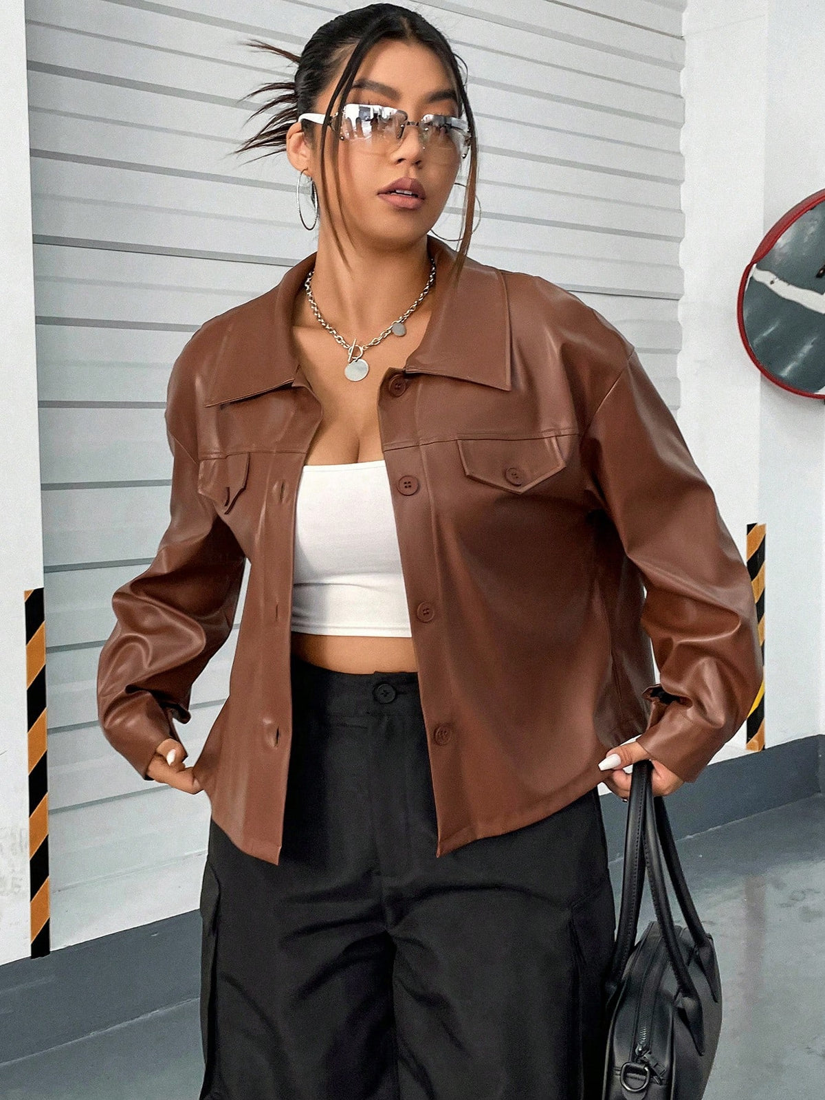 Plus Drop Shoulder PU Leather Jacket