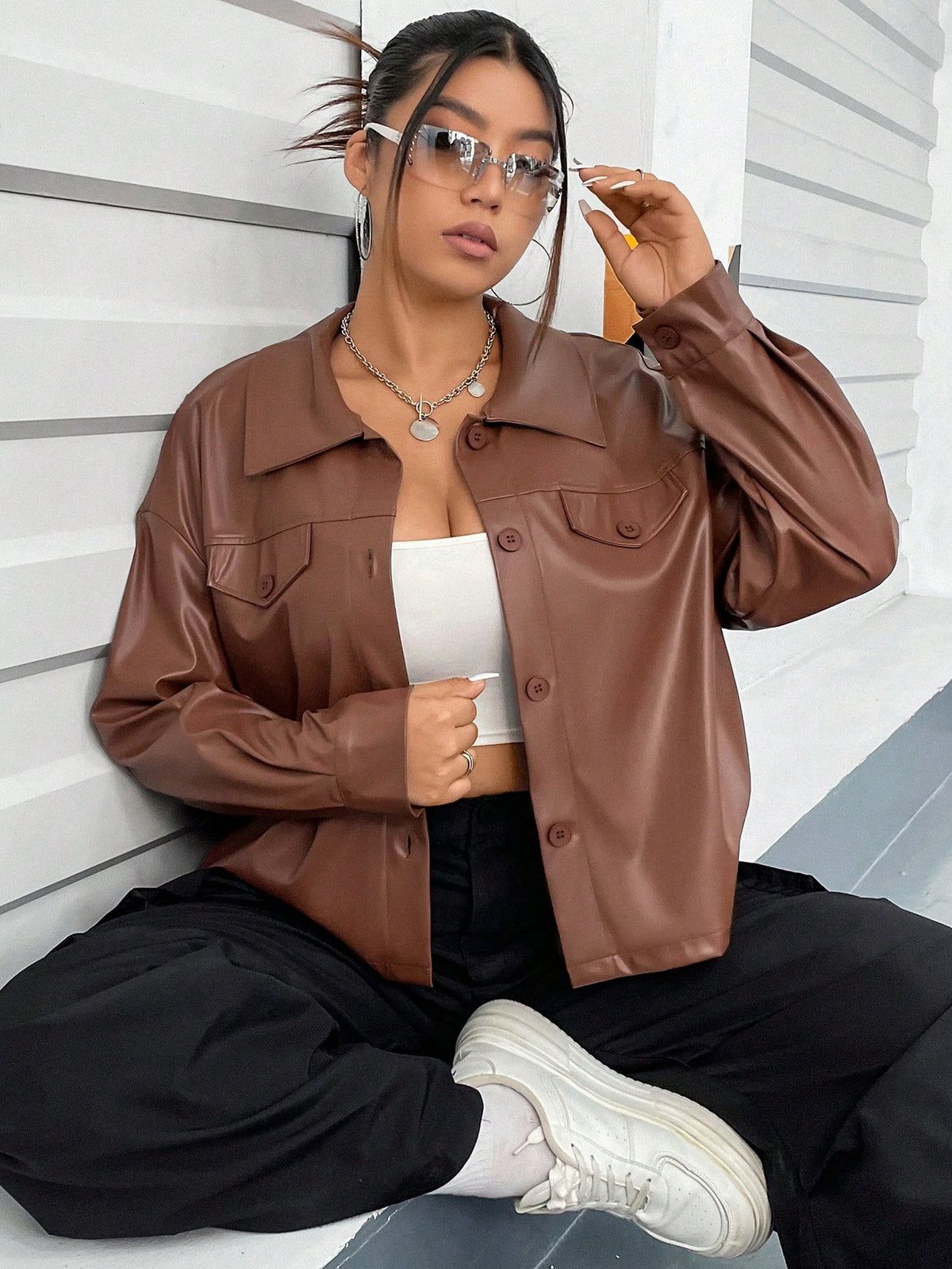 Plus Drop Shoulder PU Leather Jacket
