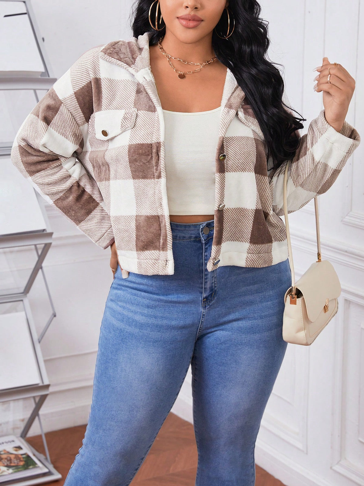 Essnce Plus Buffalo Plaid Print Drop Shoulder Hooded Flannel Jacket