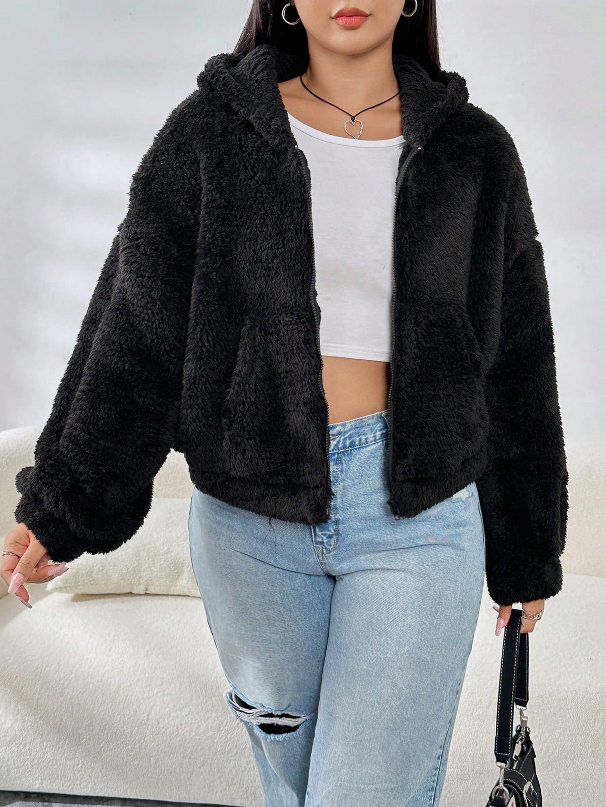 EZwear Plus Zip Up Drop Shoulder Hooded Teddy Jacket