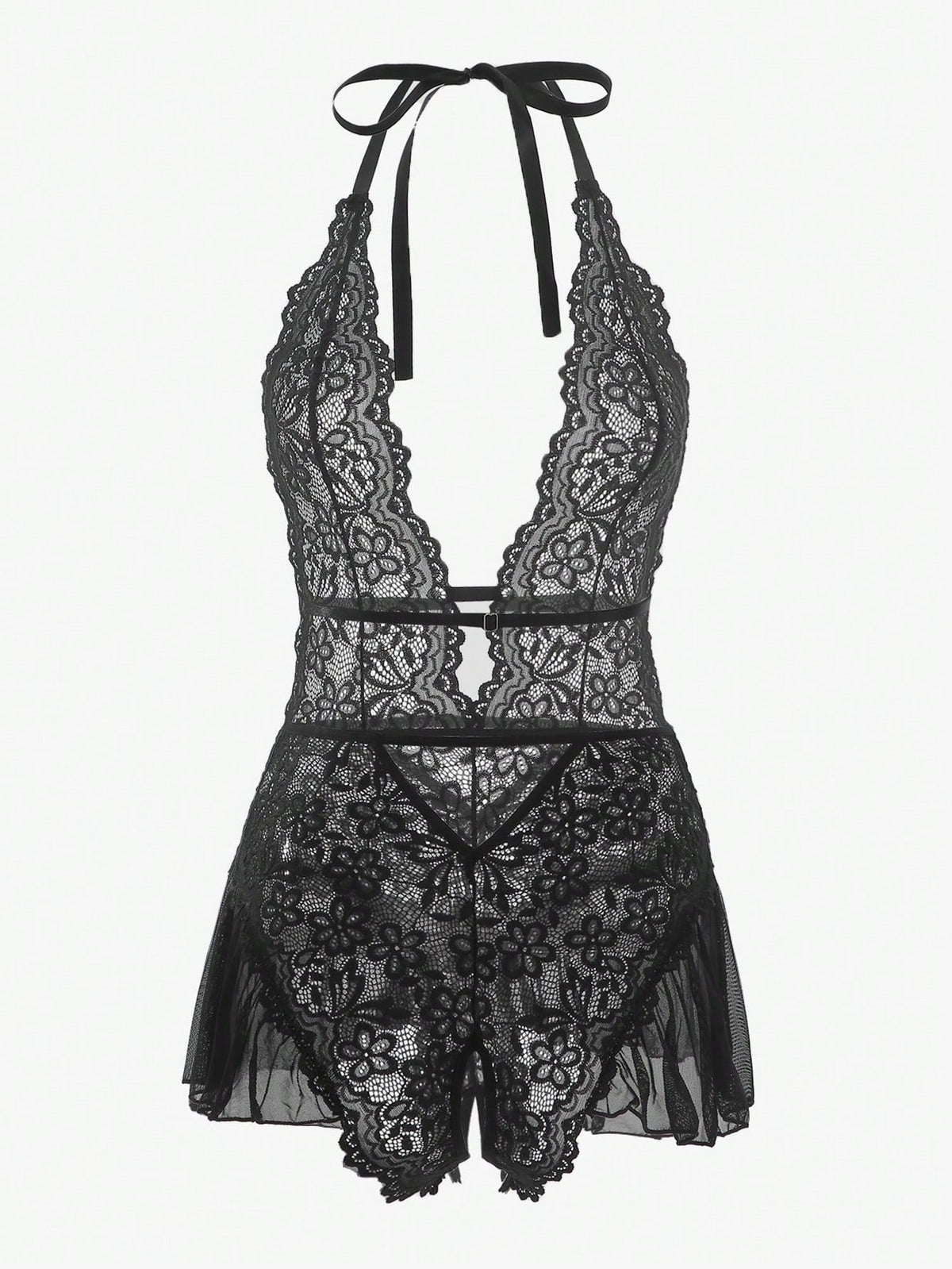 Floral Lace Scallop Trim Halter Teddy Bodysuit