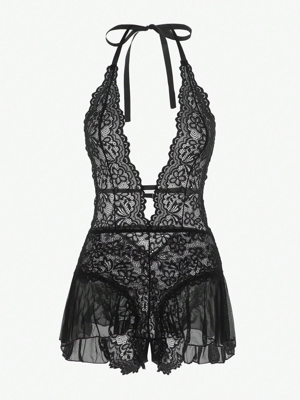 Floral Lace Scallop Trim Halter Teddy Bodysuit